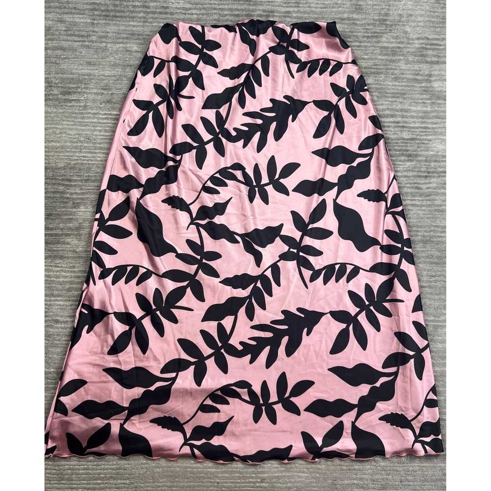Tash + Sophie Skirt Womens XL Pink Black Botanical Leaf Print Satin Midi Skirt